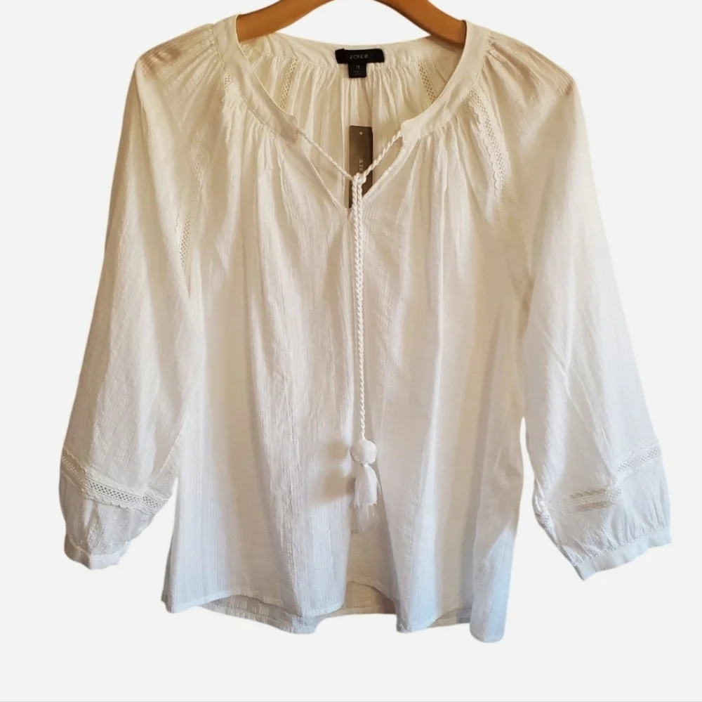 Jcrew Womens White Peasant Top Tassel Tie Neck Size M Coastal Cottage Boho beach